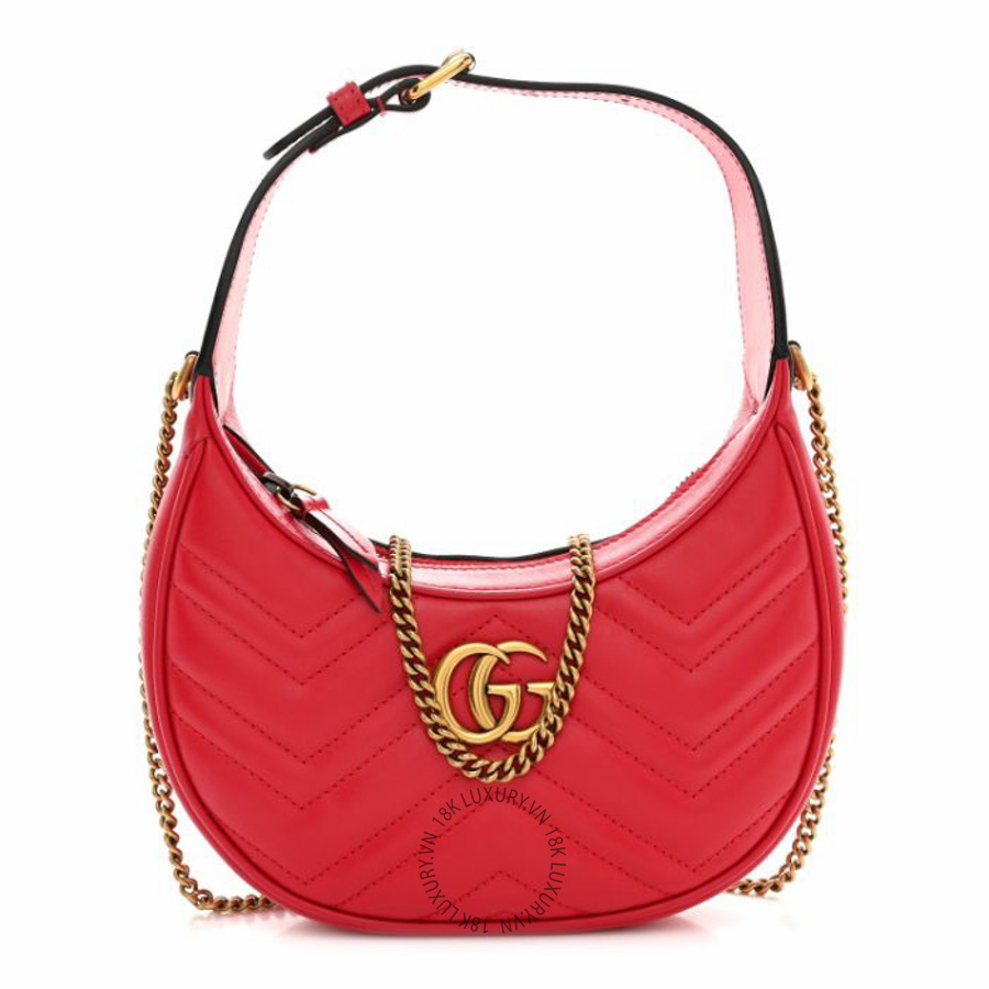 Túi xách Gucci Calfskin Matelasse Chevron Mini GG Marmont Half Moon Hobo Rosso NFPG219