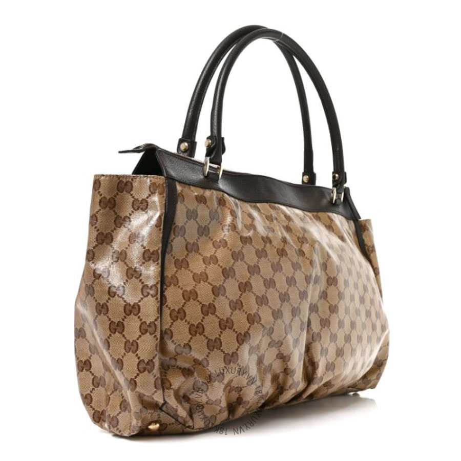 Túi xách Gucci Crystal Monogram Large D Gold Ring Tote Dark Brown GGC298