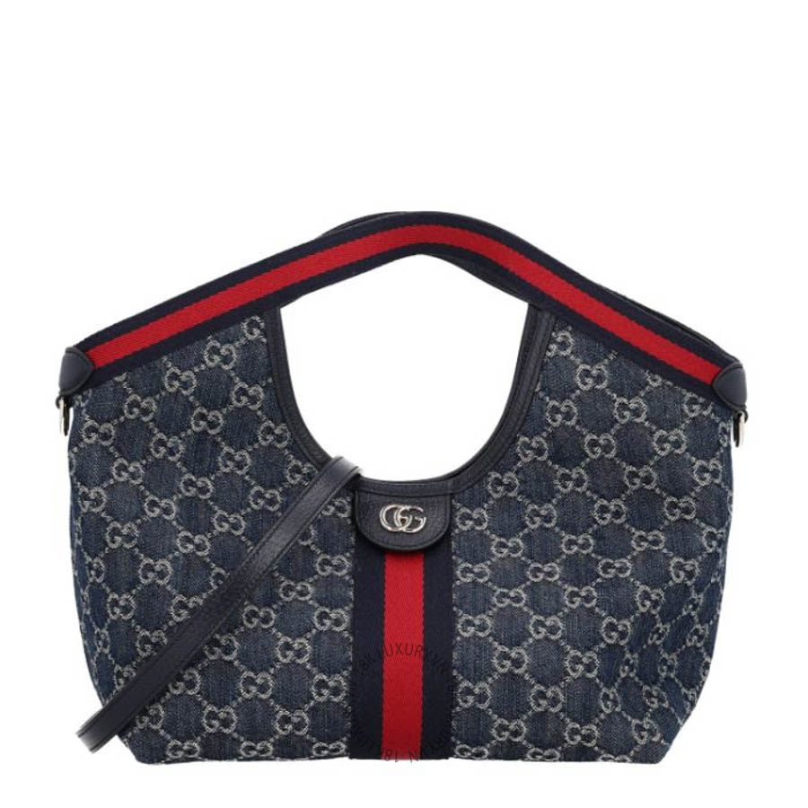 Túi xách Gucci Denim GG Monogram Web Small Giglio Tote Blue GGC183