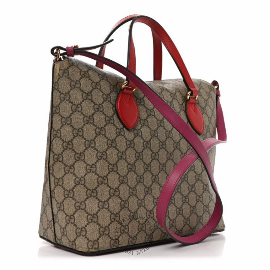 Túi xách Gucci GG Supreme Monogram Linea A Foldover Tote Beige Hibiscus Red New Rosette NFPG340
