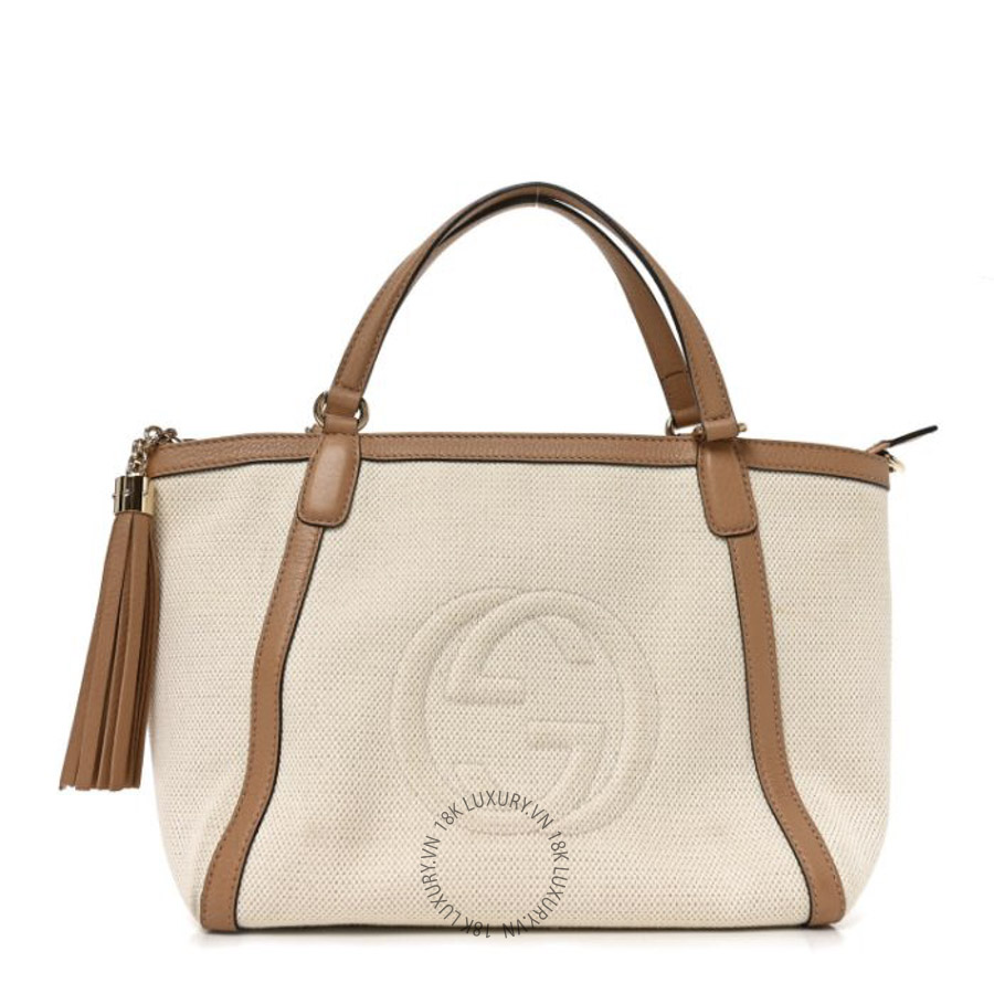 Túi Xách Gucci Linen Canvas Pebbled Calfskin Small Soho Top Handle Bag White Camelia GDCB320