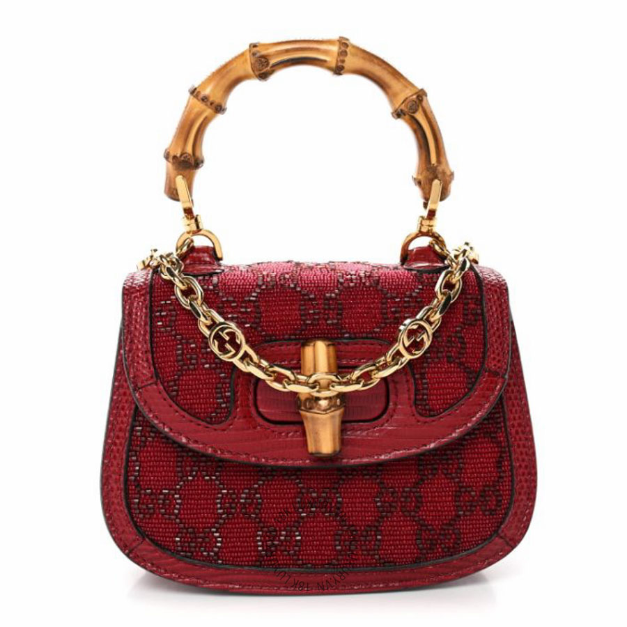Túi xách Gucci Moire Fabric Calfskin Rhinestone Monogram Monochrome Lizard Embossed Mini Bamboo 1947 Top Handle Chain Bag Red NFPG689