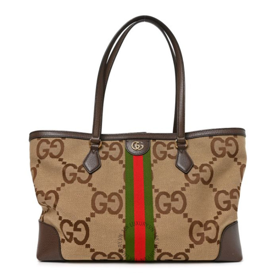 Túi xách Gucci Monogram Jumbo GG Textured Dollar Calfskin Web Medium Ophidia Shopping Tote Camel Ebony GGC241