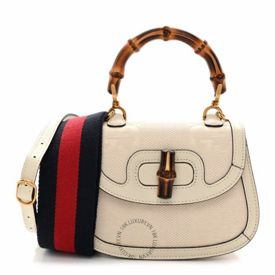 Túi xách Gucci Monogram Jumbo GG Textured Dollar Calfskin Web Mini Bamboo 1947 Top Handle Bag Off White NFPG503