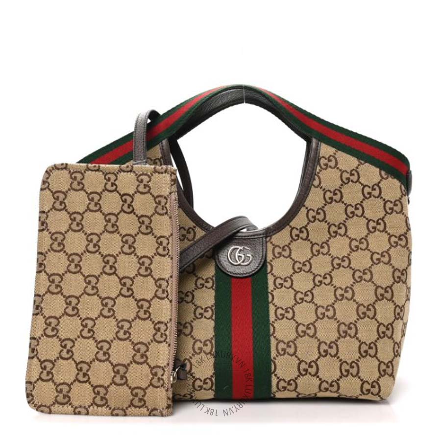 Túi xách Gucci Monogram Web Small Giglio Tote Beige Dark Brown GGC397