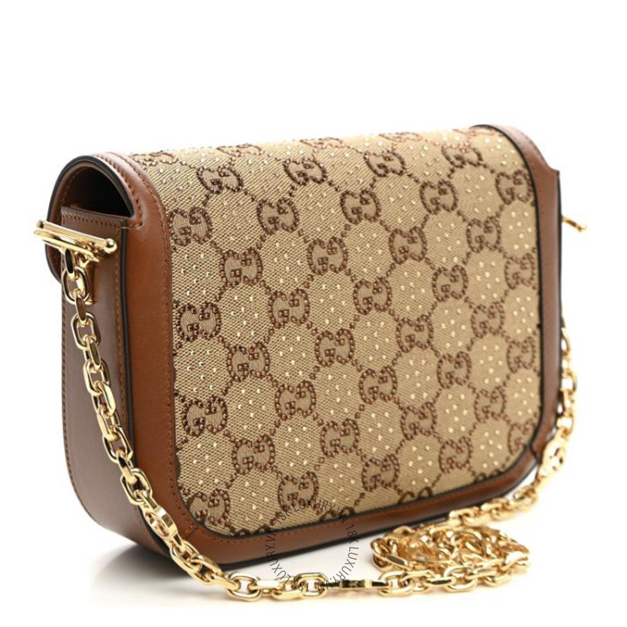 Túi Xách Gucci New Canvas Charisma Calfskin Crystal GG Monogram Mini Horsebit 1955 Shoulder Bag Camel Ebony GDCB440