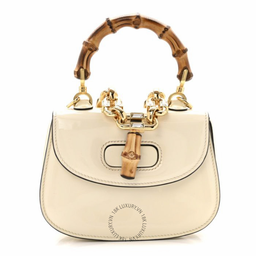 Túi xách Gucci Patent Crystal Mini Bamboo 1947 Top Handle Chain Bag White NFPG740