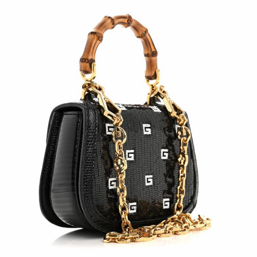 Túi xách Gucci Sequin Lizard Embossed GG Mini Bamboo 1947 Top Handle Chain Bag Black White NFPG376