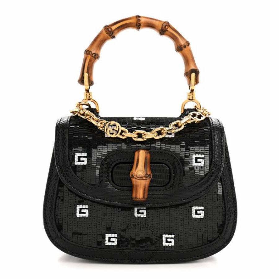 Túi xách Gucci Sequin Lizard Embossed GG Mini Bamboo 1947 Top Handle Chain Bag Black White NFPG376