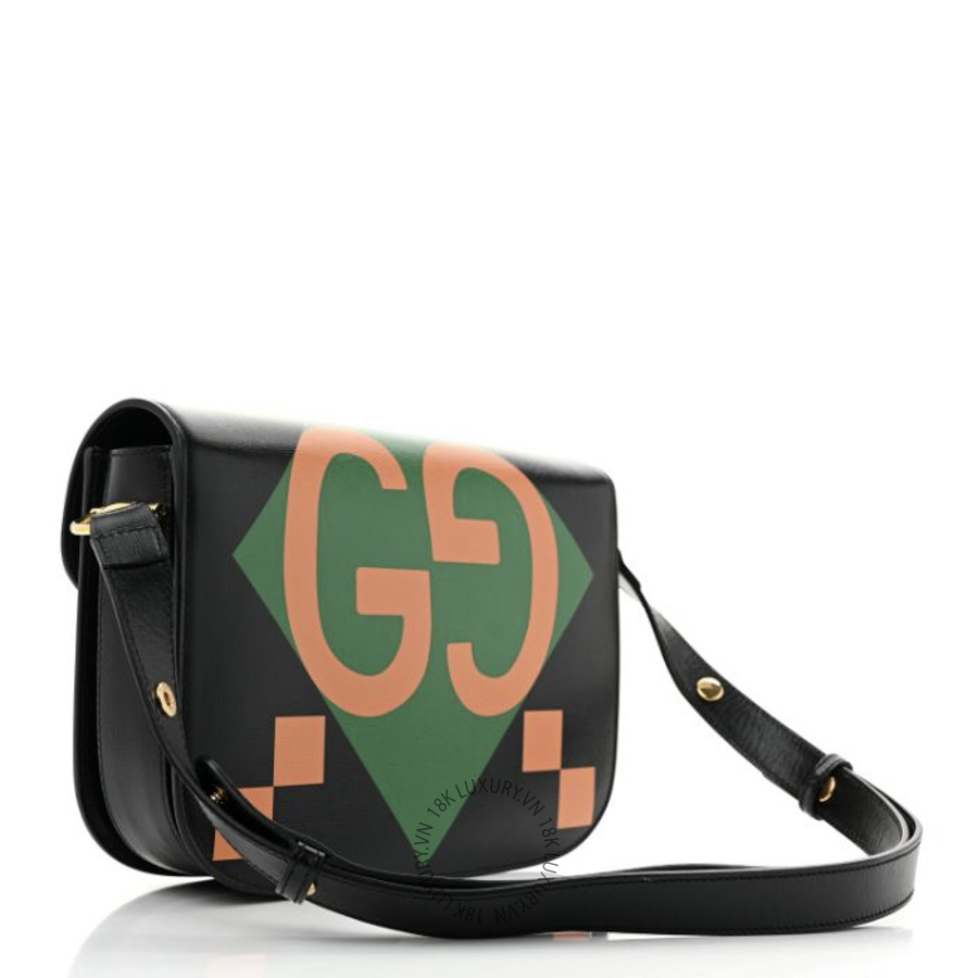 Túi Xách Gucci Textured Calfskin Geometric Print Horsebit 1955 Shoulder Bag Black Multicolor GDCB494