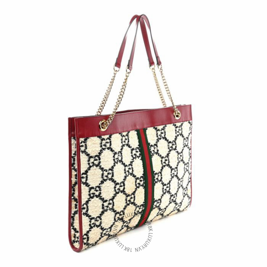 Túi xách Gucci Tweed GG Monogram Large Rajah Chain Tote White Black Romantic Cherry NFPG026