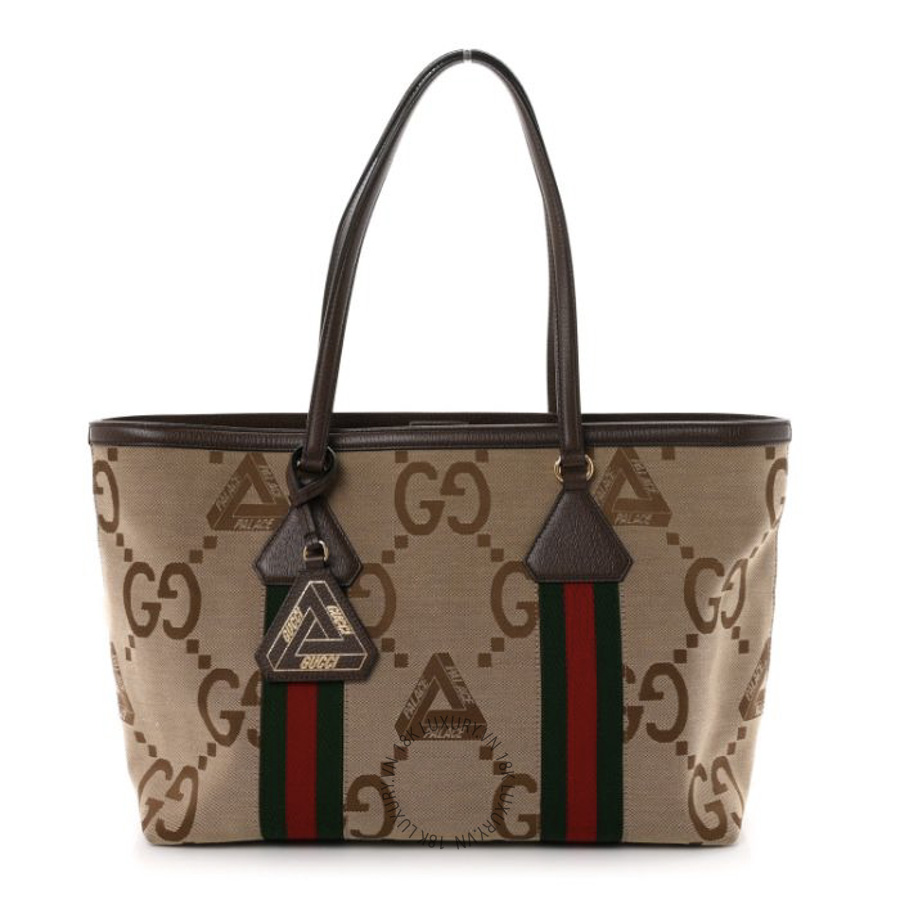 Túi Xách Gucci X PALACE Monogram Jumbo GG Textured Dollar Calfskin Web Medium Ophidia Shopping Tote Camel Ebony GDCB059