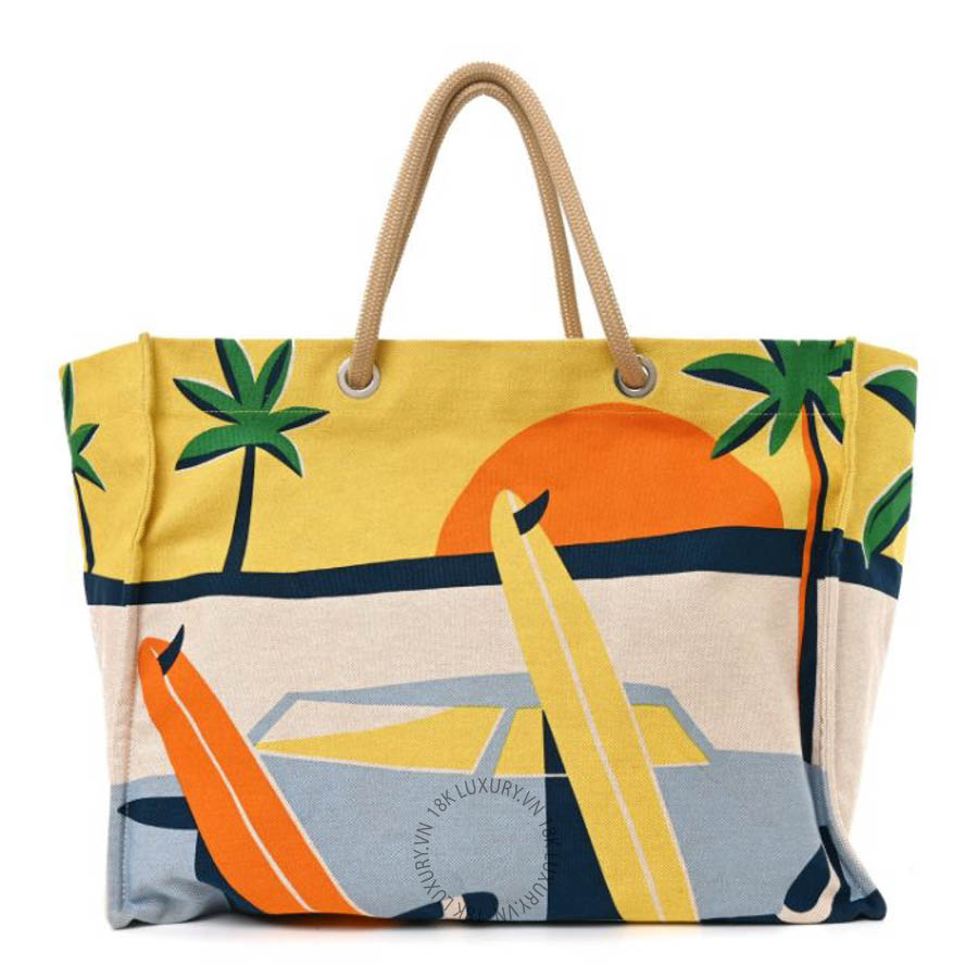Túi xách Hermes Cotton Canvas Apres la Vague Beach Bag Jaune Bleu FPTH263