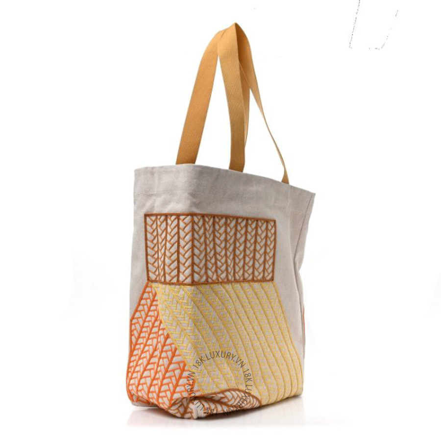 Túi xách Hermes H Canvas Embroidered Poisson Natte Beach Bag Camel Jaune HMT370