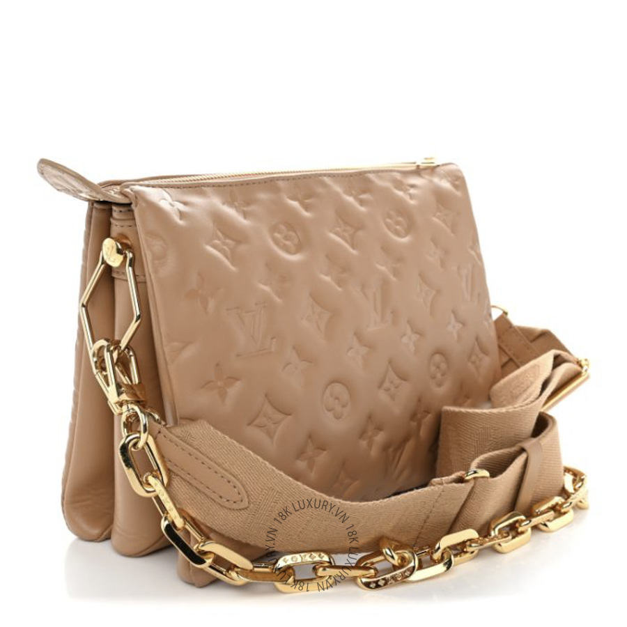 Túi Xách Louis Vuitton Lambskin Embossed Monogram Coussin PM Camel MNGR131