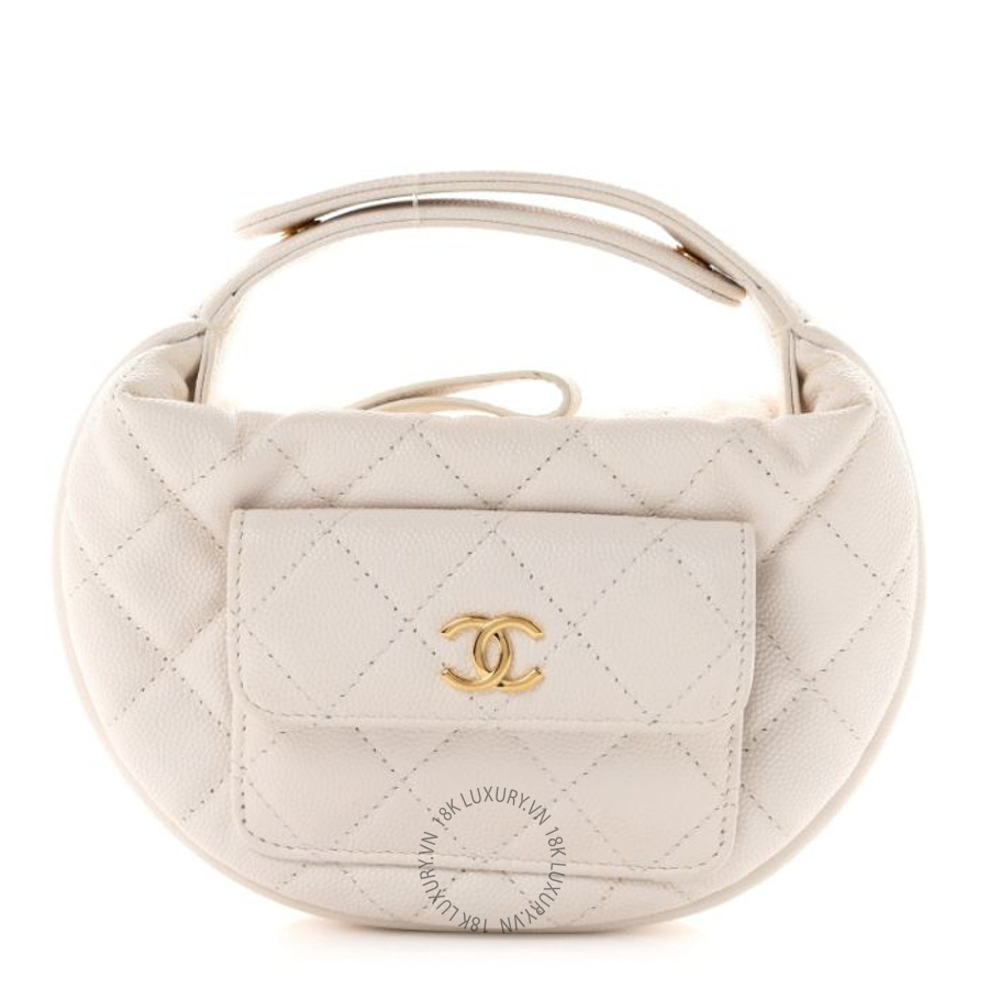 Túi Xách Mini Chanel Caviar Quilted Polly Pocket Pouch Hobo White CVB703