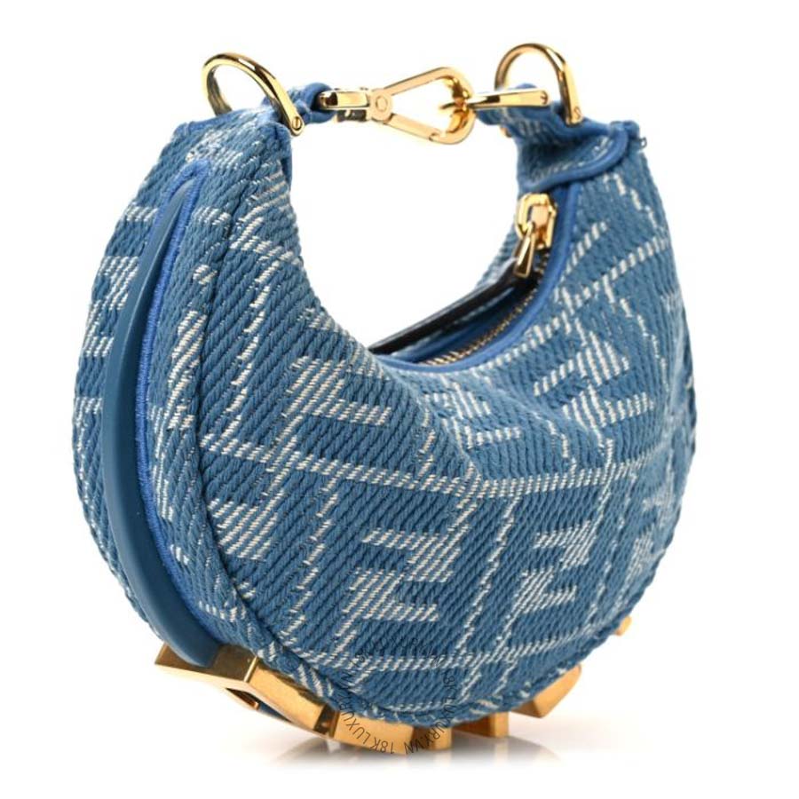 Túi xách mini Fendi Denim Effect Fabric Jacquard FF Nano Fendigraphy Hobo Charm Blue TFD345