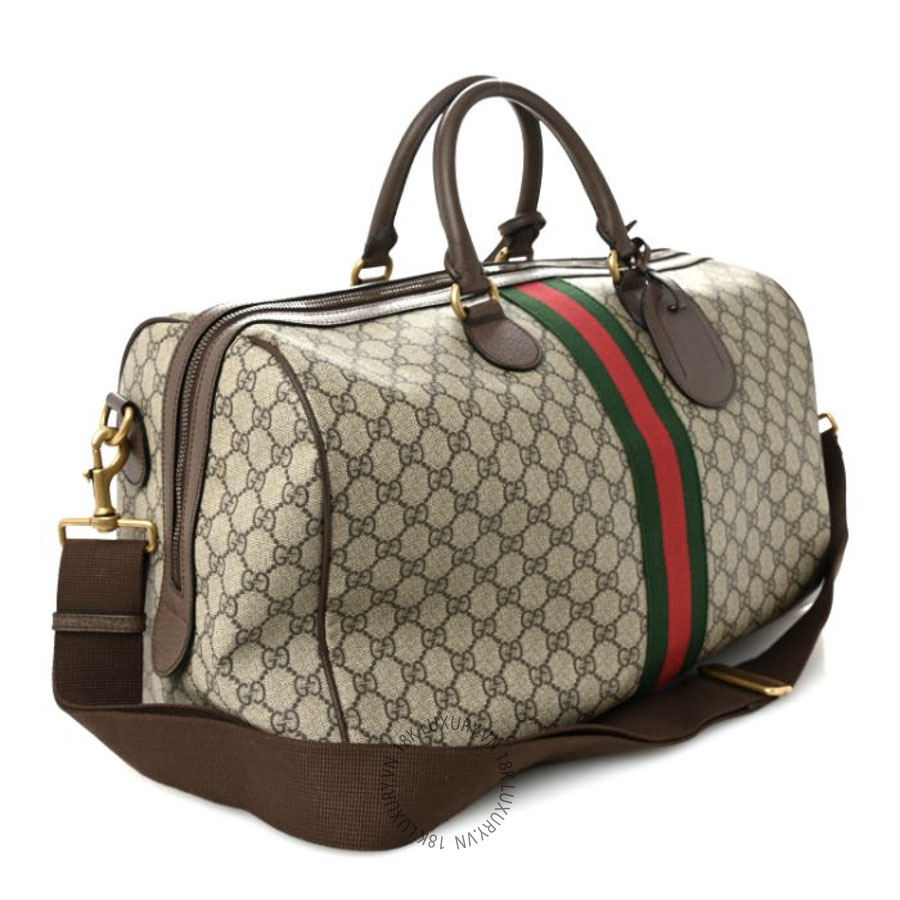 Túi Xách Trống Gucci GG Supreme Monogram Textured Dollar Calfskin Web Medium Ophidia Carry-On Duffle Bag Beige Ebony New Acero GDCB627
