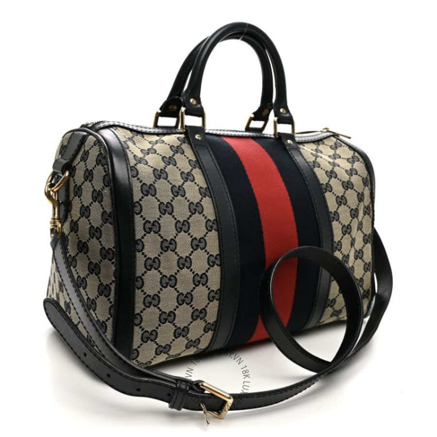 Túi Xách Trống Gucci Monogram Selleria Calfskin Vintage Web Medium Boston Beige Blue GDCB363