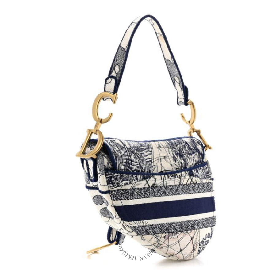 Túi Yên Ngựa Christian Dior Canvas Embroidered Around the World Saddle Bag Blue SPSS065
