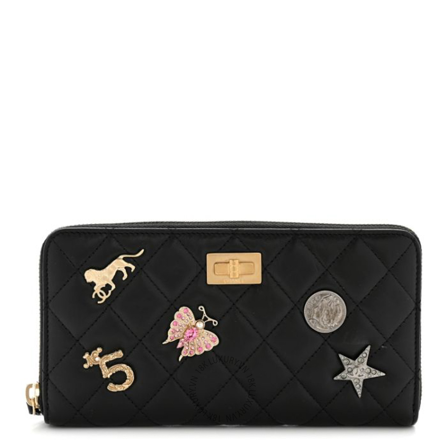 Ví dài Chanel Aged Calfskin Quilted Lucky Charms 2.55 Reissue Zip Around Wallet Black CNV461