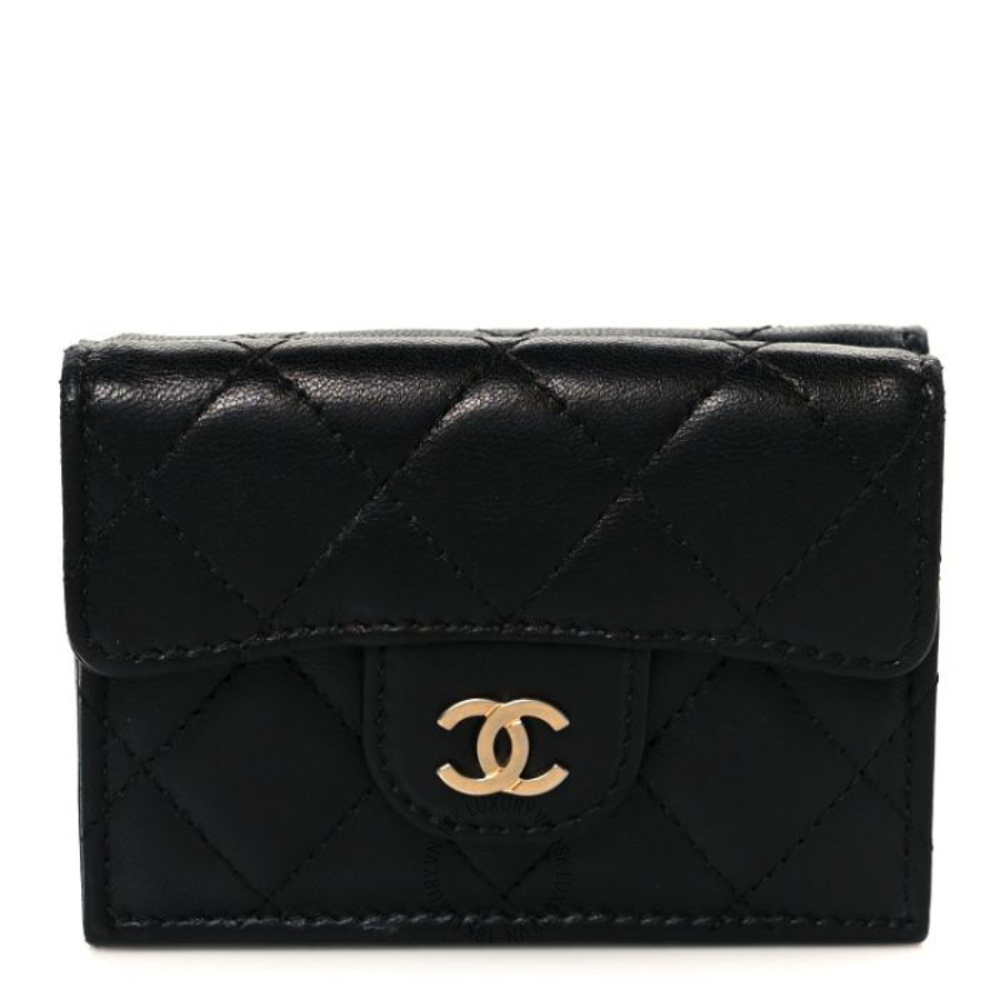 Ví ngắn Chanel Lambskin Quilted Double Flap Wallet Black CNV085