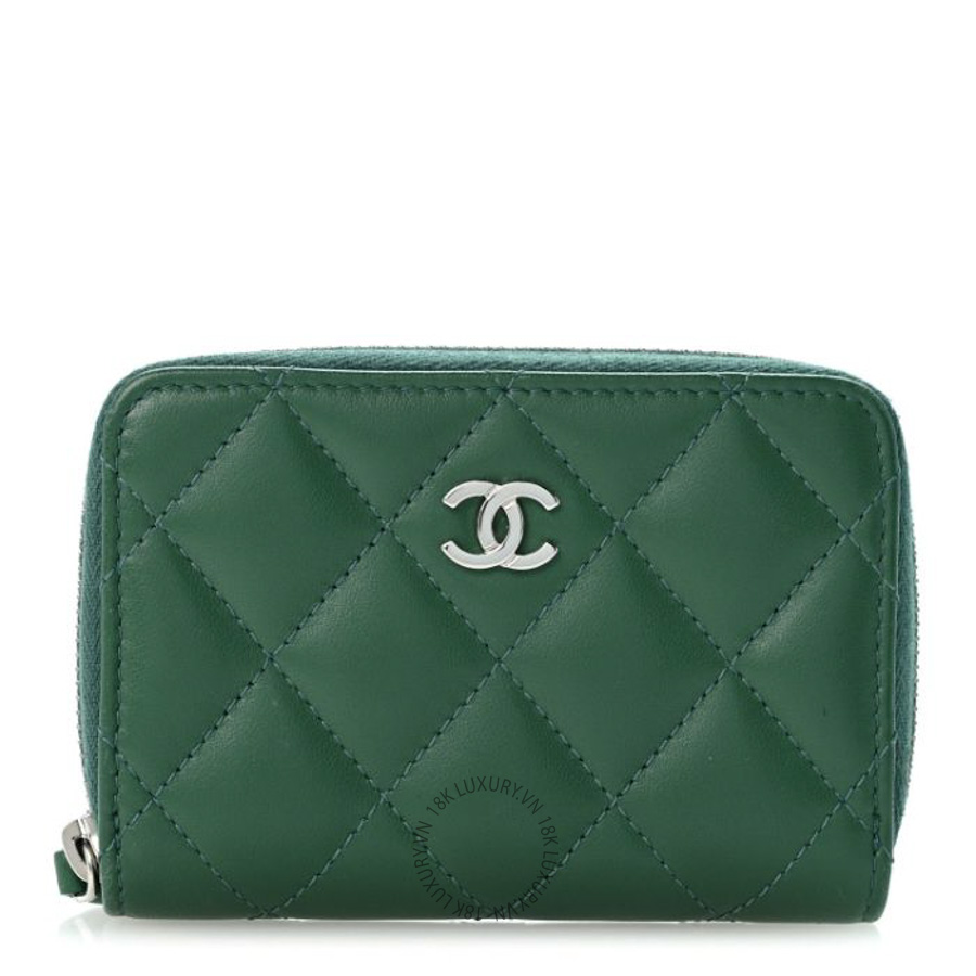 Ví ngắn Chanel Lambskin Quilted Zip Around Coin Purse Wallet Green CNV235