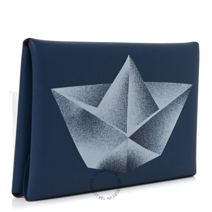 Ví Ngắn Hermes Swift Bateaux en Papier Calvi Duo Card Case Deep Blue JJKS001