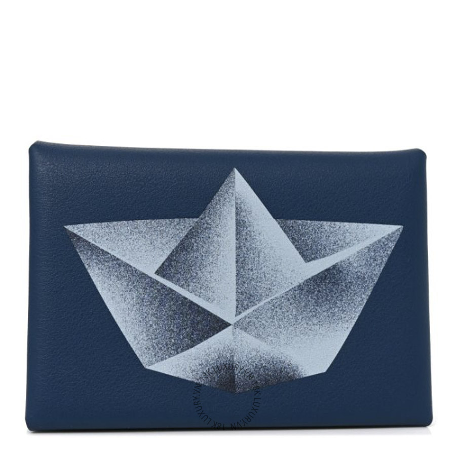 Ví Ngắn Hermes Swift Bateaux en Papier Calvi Duo Card Case Deep Blue JJKS001