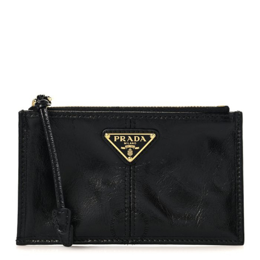Ví Ngắn Prada Glossy Calfskin Triangle Zip Card Holder Black SKRS002