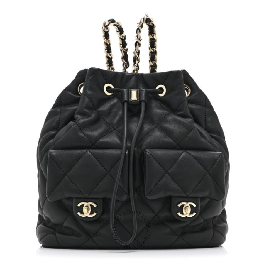 Balo Chanel Calfskin Quilted Double Pocket Drawstring Black CDBC119