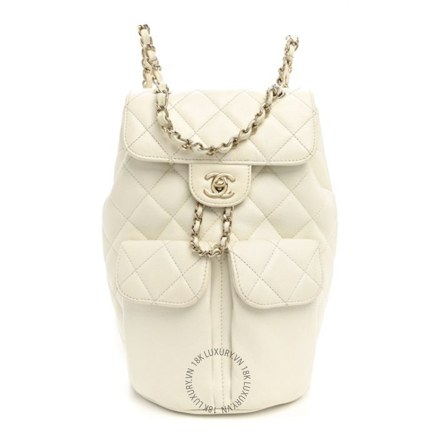 Balo Chanel Caviar Quilted Double Pocket White CDBC714