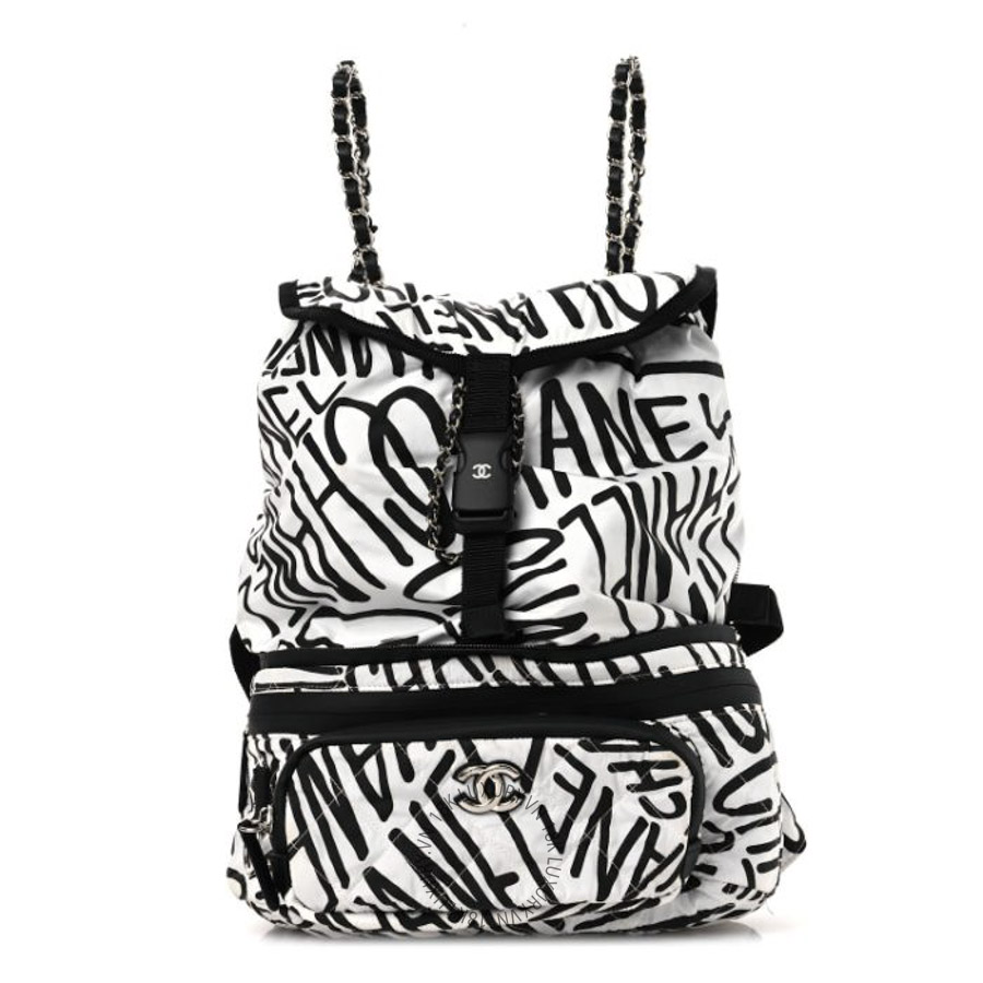 Balo Chanel Nylon Printed Quilted Coco Neige Convertible Black White CDBC998