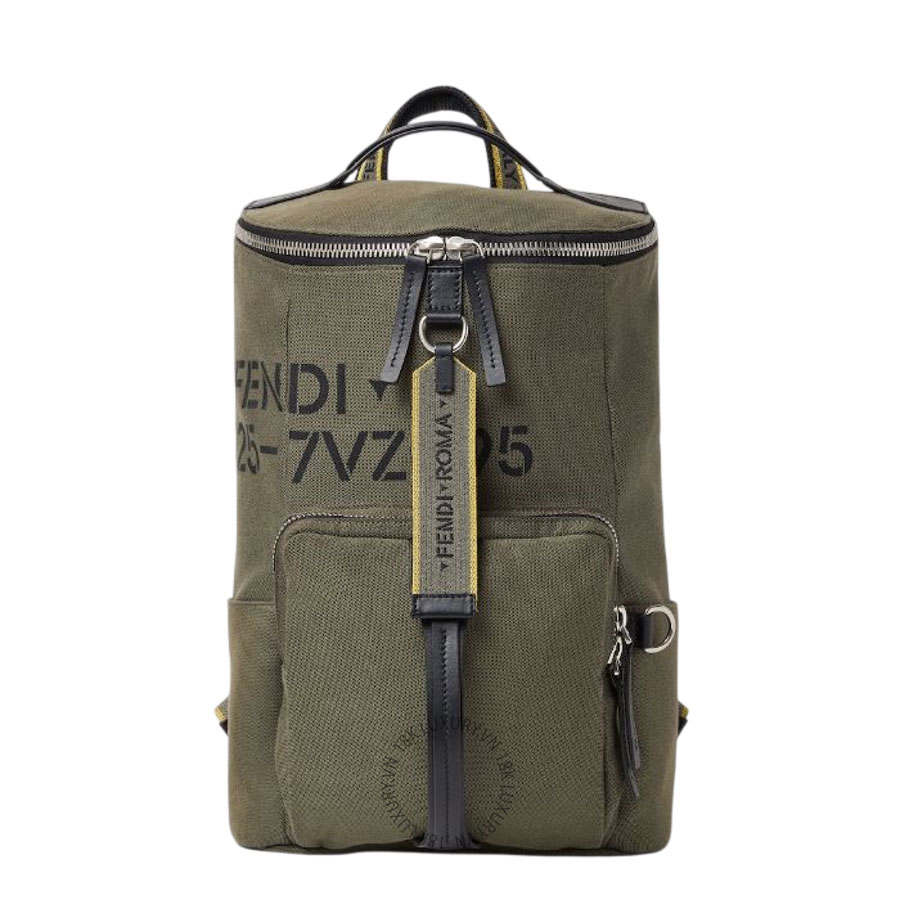 Balo Fendi Tourist Backpack Khaki green canvas backpack with Stencil print 7VZ095B12VF0ZPQ FND223