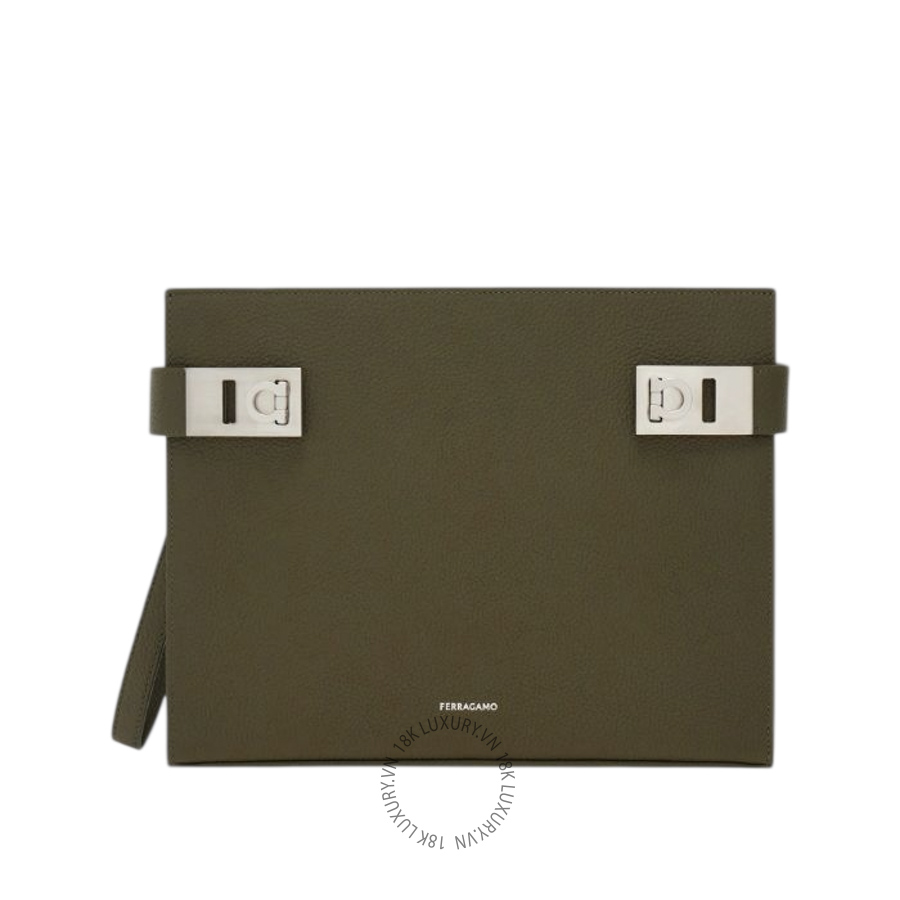 Clutch Nam Salvatore Ferragamo hug buckle pouch olive green 241780795290 PUCH016