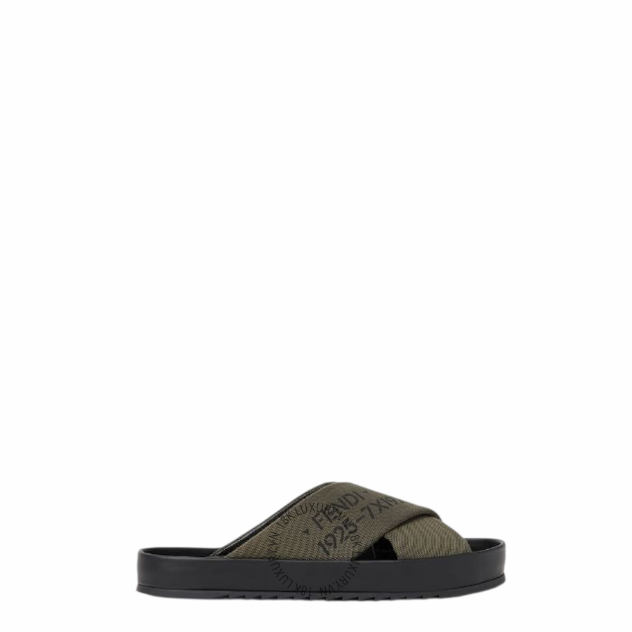 Dép quai chéo Fendi Double Black leather and gray green fabric slides 7X1979B1RHF1Y25 NGFD120