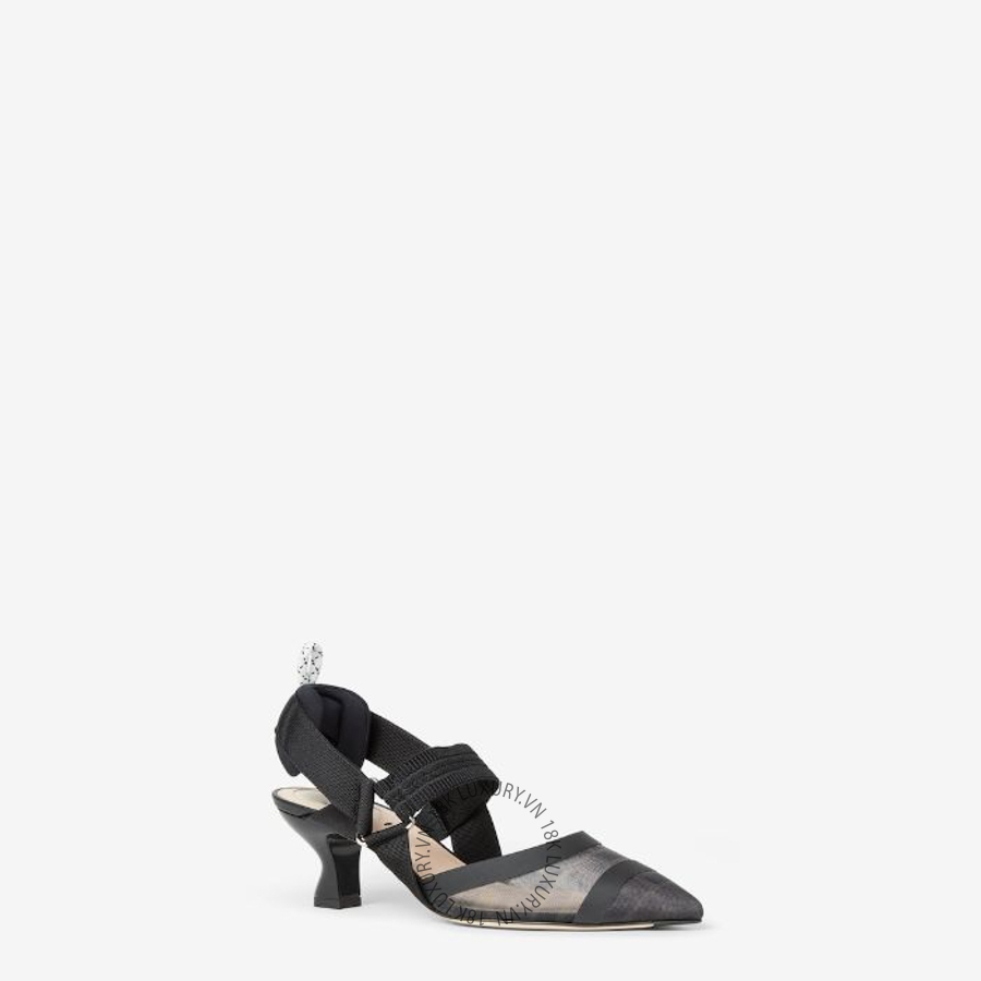Giày cao gót Fendi Colibrì Black leather and mesh slingbacks with medium heel 8J6716A8UGF0MQ0 NGFD028