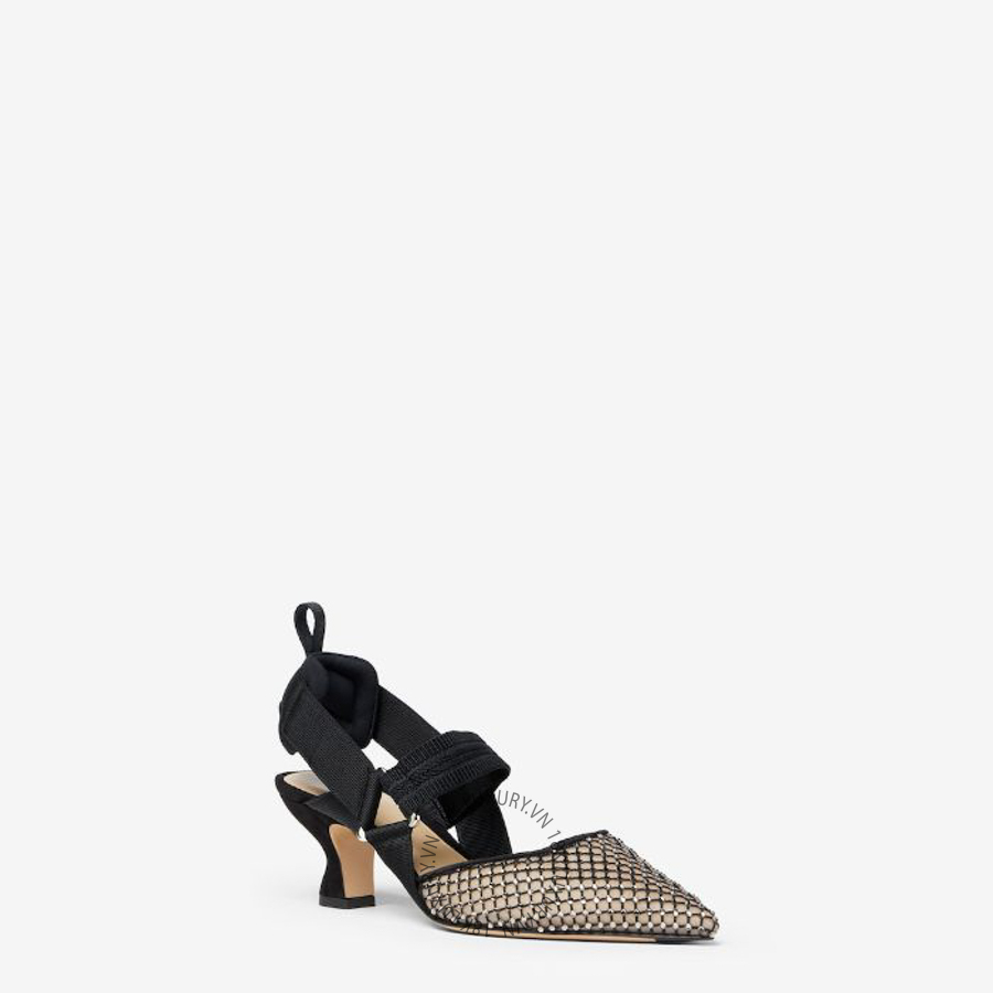 Giày cao gót Fendi Colibrì Black mesh and suede medium-heeled slingbacks 8J9244B18MF13BK NGFD078
