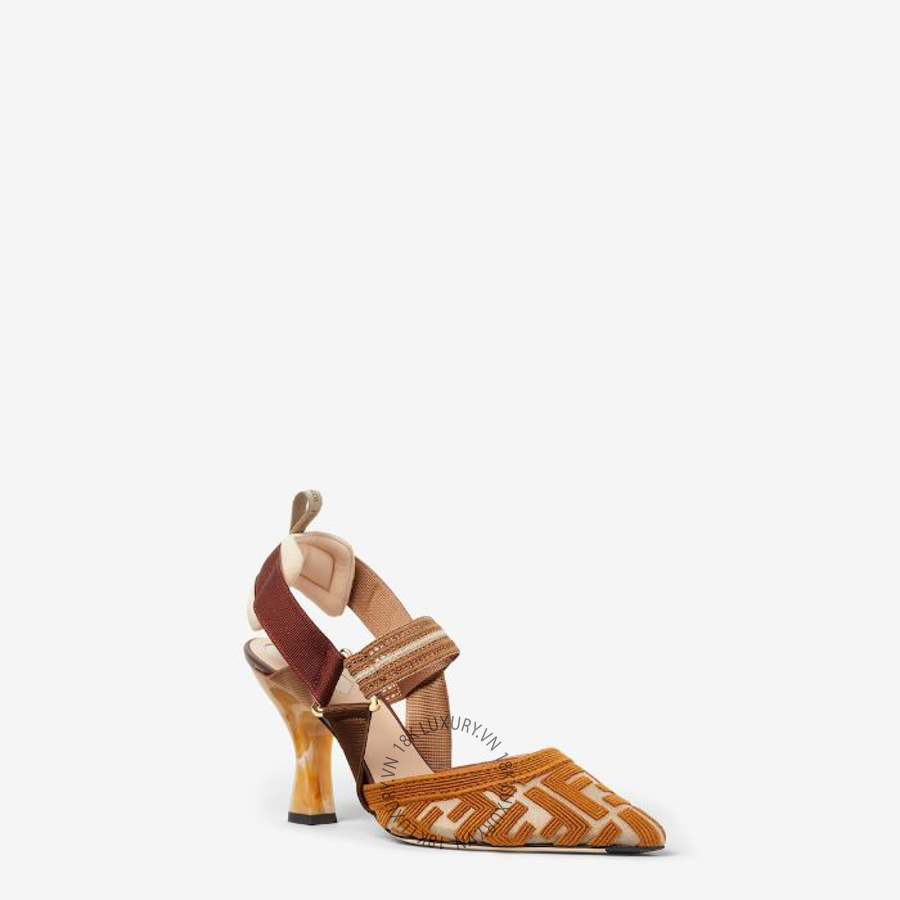 Giày cao gót Fendi Colibrì Brown FF fabric high-heeled slingbacks 8J8875AWCXF1V8T NGFD061