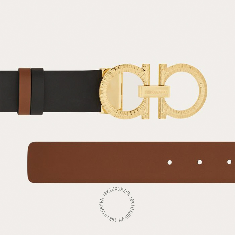 Thắt lưng Salvatore Ferragamo Reversible and adjustable belt with hammered Gancini black/cognac 230421786305 CGNA043