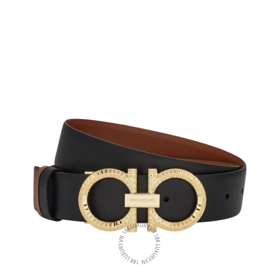 Thắt lưng Salvatore Ferragamo Reversible and adjustable belt with hammered Gancini black/cognac 230421786305 CGNA043