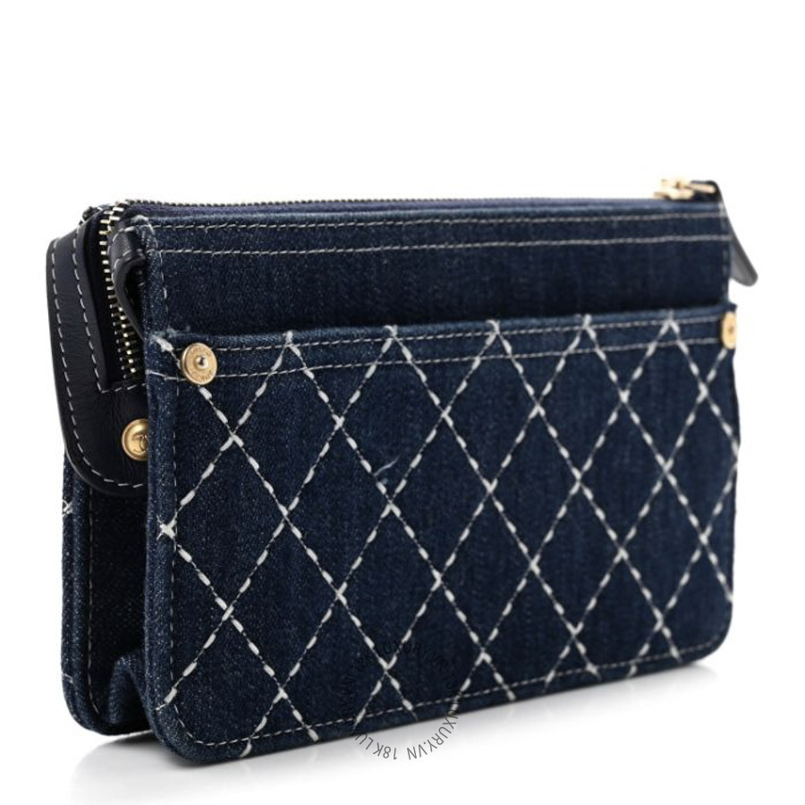 Túi Cầm Tay Chanel Denim Quilted Zipped Wristlet Clutch Blue CDBC273