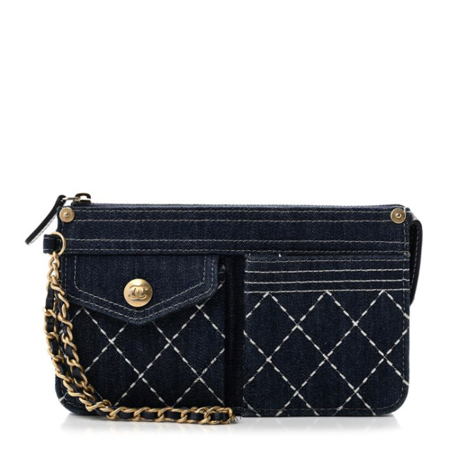 Túi Cầm Tay Chanel Denim Quilted Zipped Wristlet Clutch Blue CDBC273
