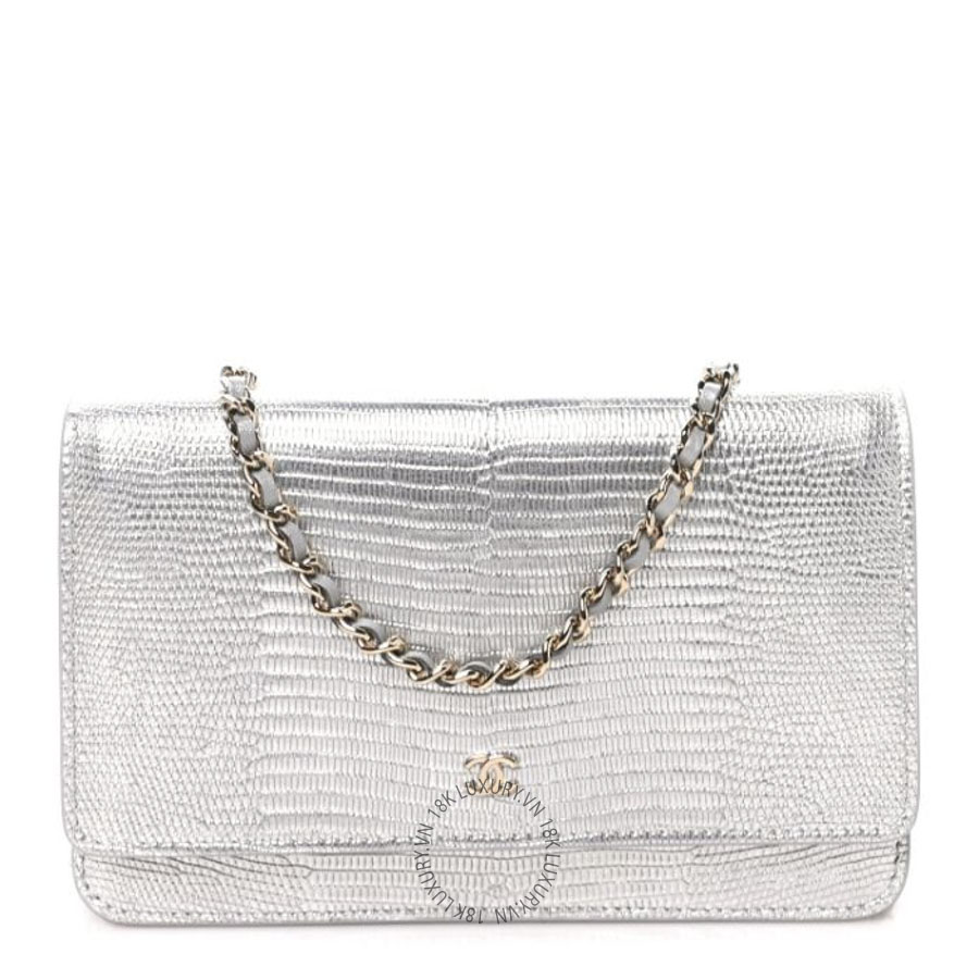 Túi Đeo Chéo Chanel Calfskin Lizard Embossed Wallet on Chain WOC Silver CDBC799