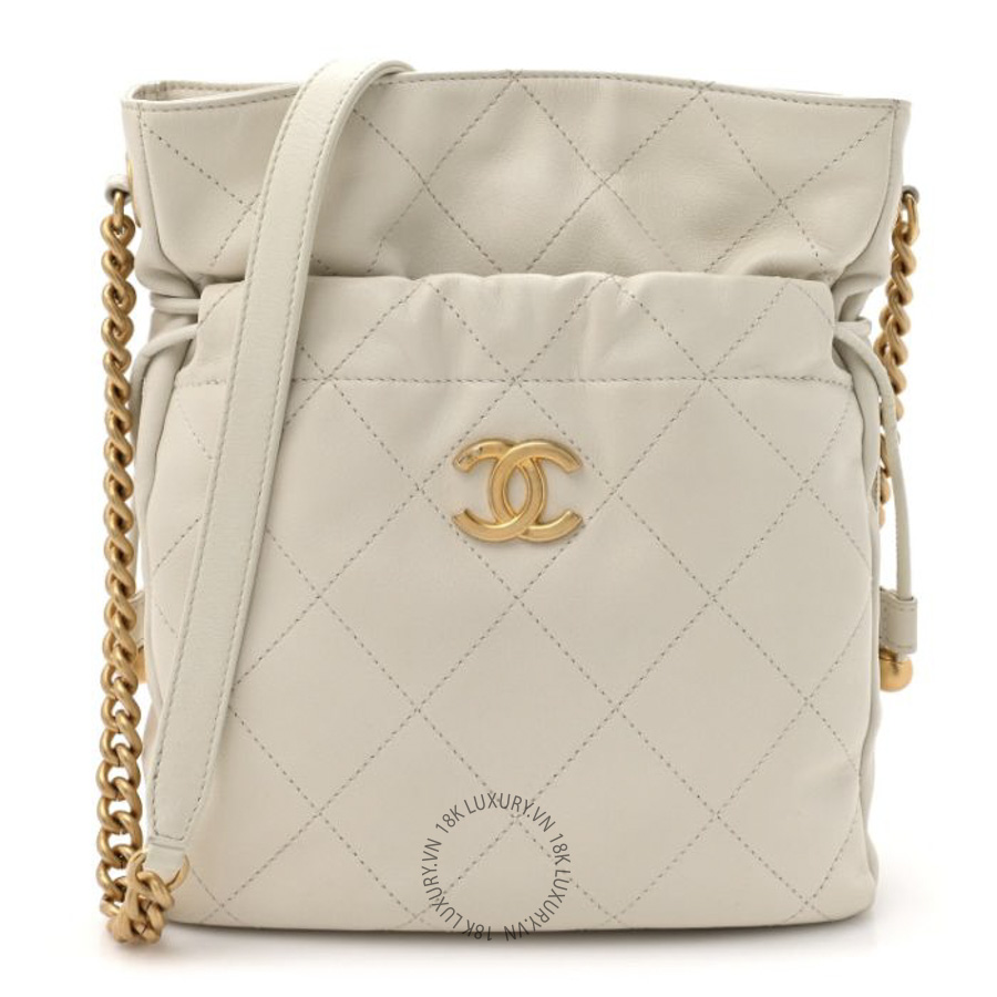 Túi Đeo Chéo Chanel Calfskin Quilted Drawstring Bucket Bag White CDBC944