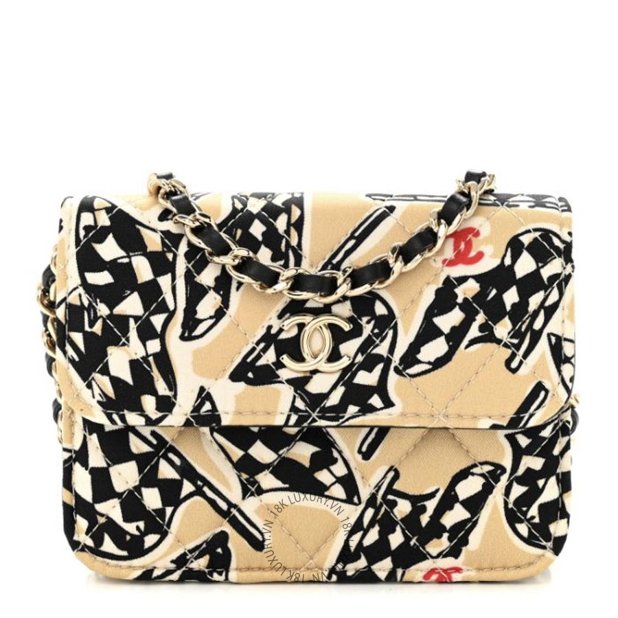 Túi Đeo Chéo Chanel Canvas Check Flag Printed CC Clutch With Chain Beige Multicolor CDBC634