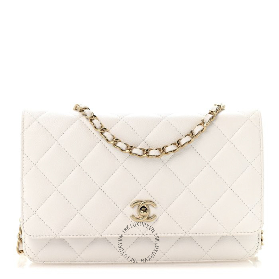 Túi Đeo Chéo Chanel Caviar Quilted CC Turnlock Wallet On Chain WOC White CDBC696