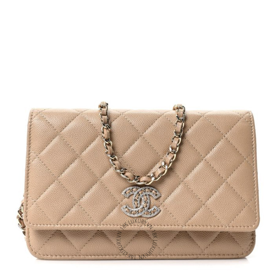 Túi Đeo Chéo Chanel Caviar Quilted Crystal CC Wallet On Chain WOC Beige CDBC614