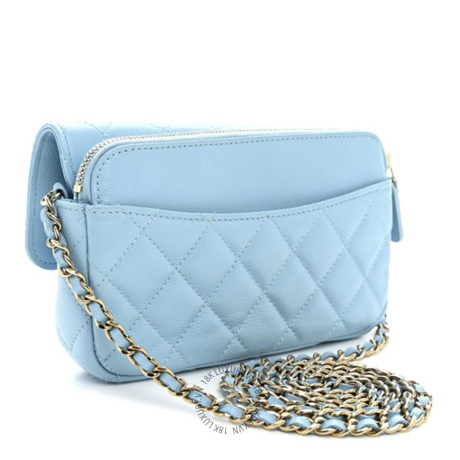 Túi Đeo Chéo Chanel Caviar Quilted Flap Phone Holder With Chain Light Blue CDBC261