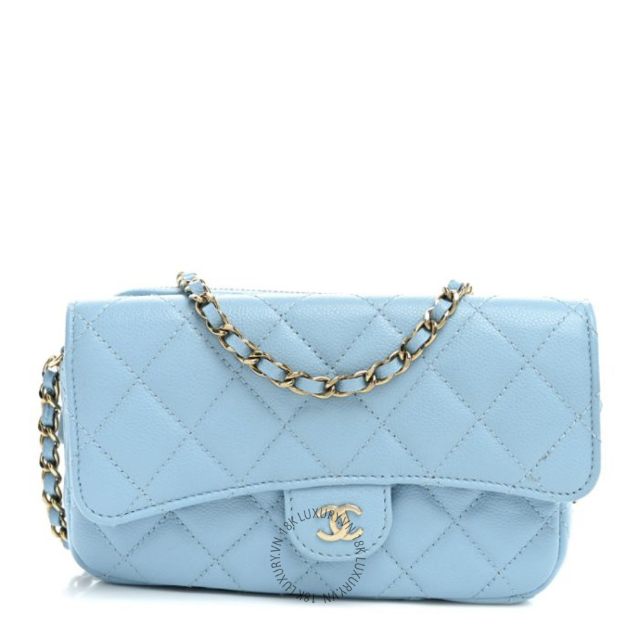 Túi Đeo Chéo Chanel Caviar Quilted Flap Phone Holder With Chain Light Blue CDBC261